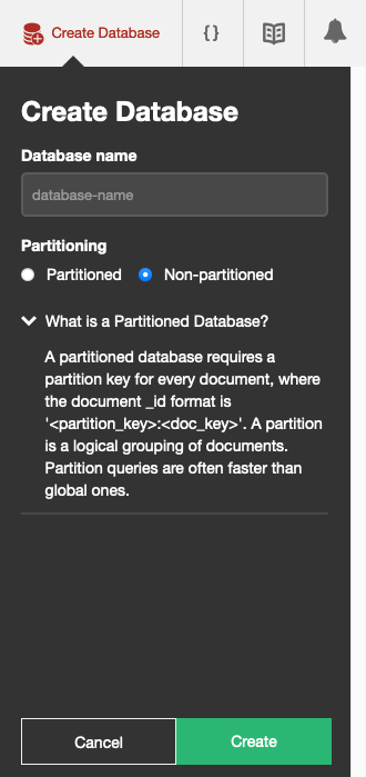 Fauxton menu for creating a database